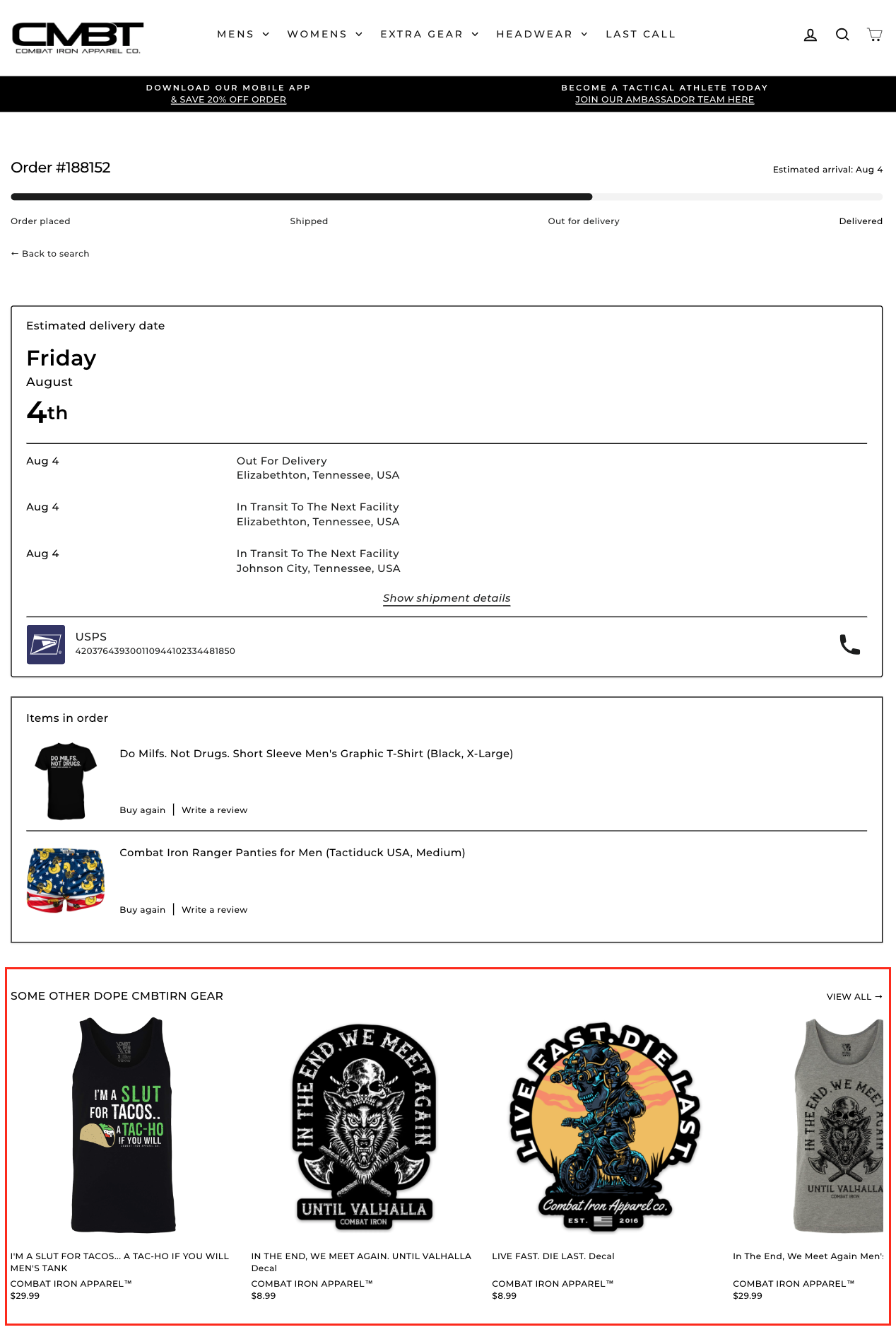Combat Iron Apparel Branded Tracking Page With Cross Sells